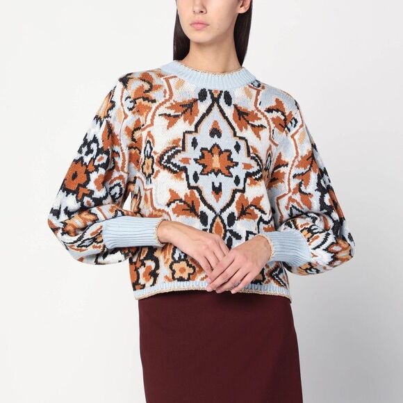 FARM Rio Sweaters - Farm Rio Light Blue Sweater With Tapestry Detail Women